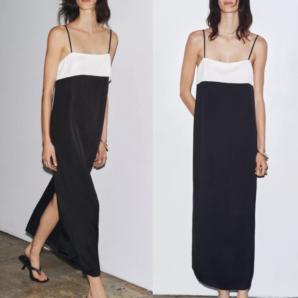 Zara NWT black & white satin, viscose midi dress spaghetti strap contrast detail